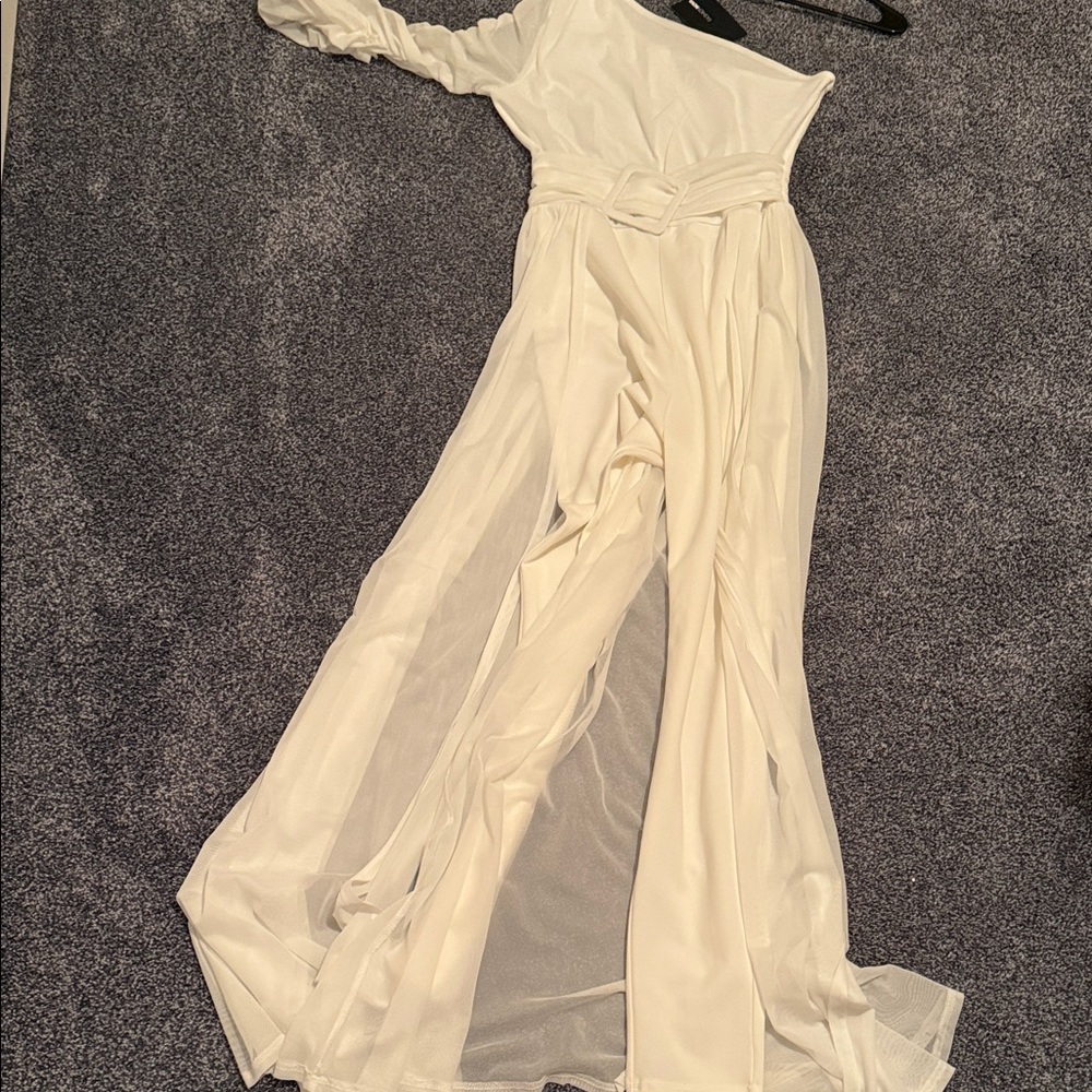 Fashion Nova Chic Cream One-Shoulder Jumpsuit